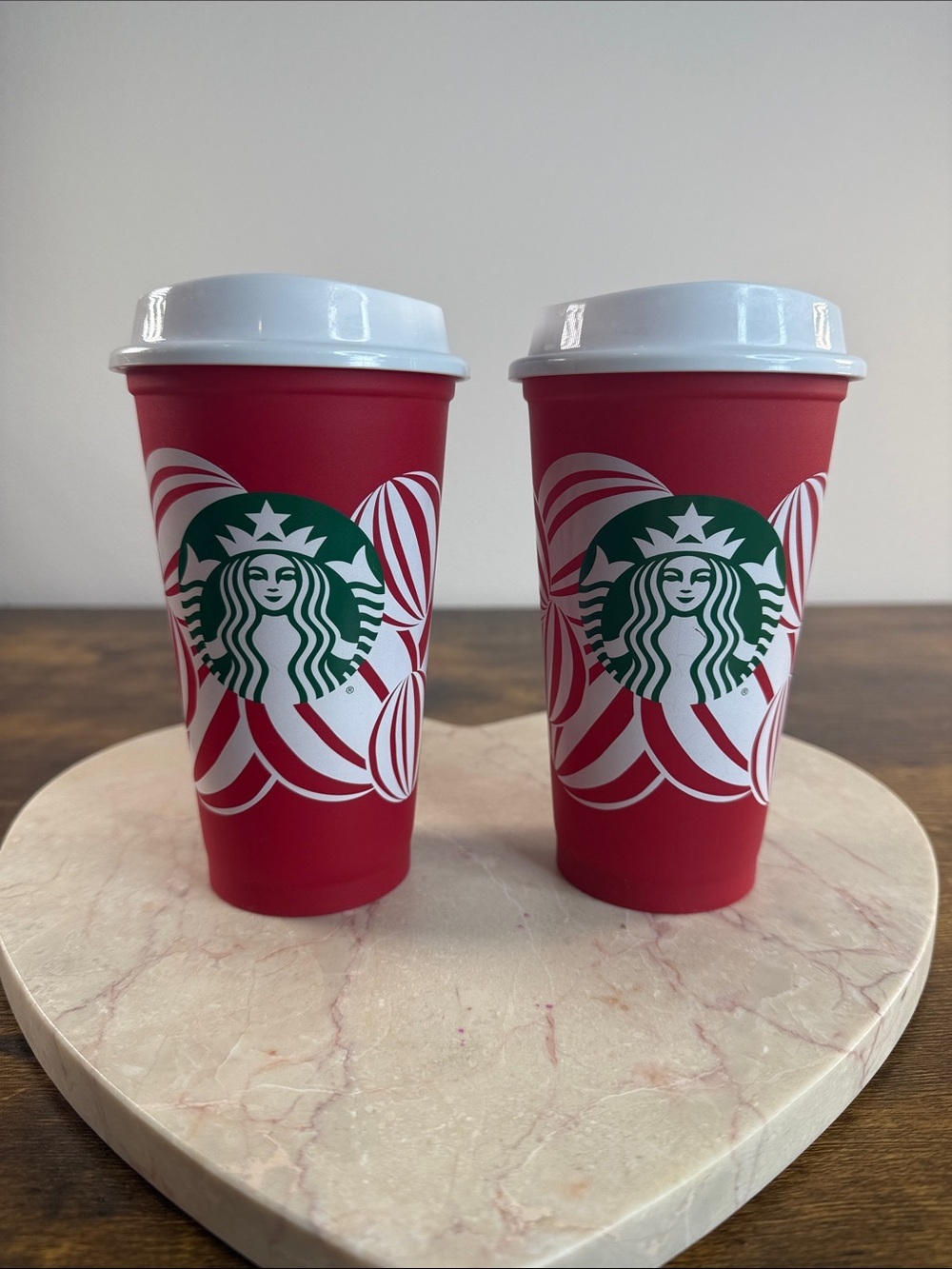 Starbucks Red Holiday Cups with Green Logo and White Lids (Pair)
